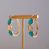 Boucles d'oreilles créoles ovales vintage en turquoise pour femme, style bohème western, plaqué or, avec pierres précieuses, bijoux tendance