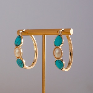 Pendientes de Aro Ovalados de Turquesa Vintage para <span class=keywords><strong>Mujer</strong></span>, Estilo Bohemio Occidental, Chapados en Oro con Piedras Preciosas, Joyería de Moda - Product Image 3