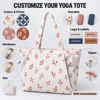 Sac fourre-tout de yoga en velours côtelé blanc OEM avec porte-tapis extérieur, logo personnalisé, imprimé botanique, fermeture éclair supérieure, sac à bandoulière pour Pilates et fitness