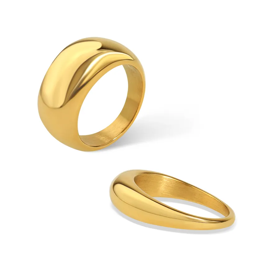 แหวนโดมสแตนเลสอินเทรนด์ Tarnish ฟรีเครื่องประดับ PVD 18K ชุบทองหนาอ้วนโดมแหวนสำหรับผู้หญิง