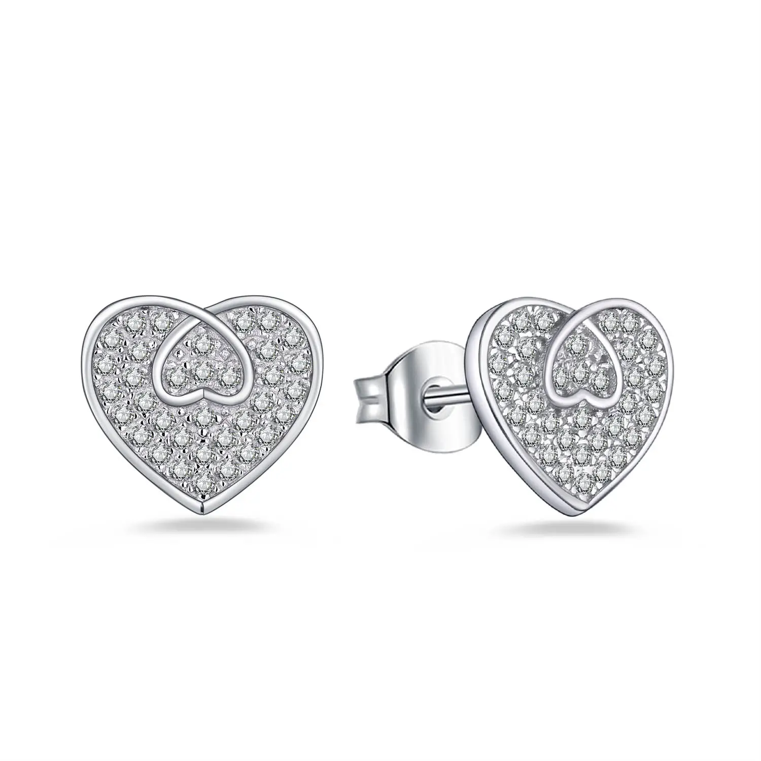 Hot Selling 925 Sterling Silver Cubic Zircon Heart Earings Jewelry Women Heart Stud Earrings For Valentines Day Gift