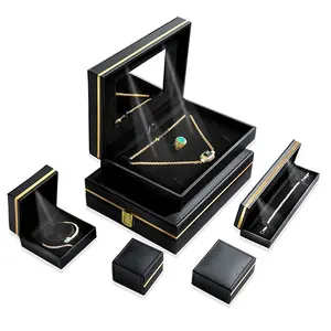 Led Jewelry Box Black Logo Gold Stamping Luxury Led Necklace Package Custom Ring Boxes Jewelry Box With Mirror