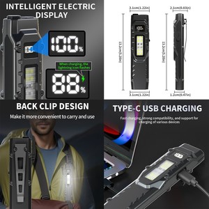 ไฟฉาย LED แบบพกพาบางเฉียบพร้อมจอแสดงผลดิจิตอลและคลิปหนีบปากกาแบตเตอรี่แบบชาร์จไฟได้ 1000 มิลลิแอมป์ไฟฉายยุทธวิธีกลางแจ้ง - Product Image 3