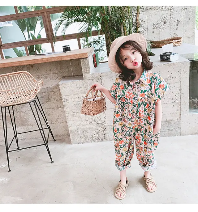 2019 summer new clothes kids wear pastoral style Korean short sleeve loose girl floral jumpsuit for 3-7years children