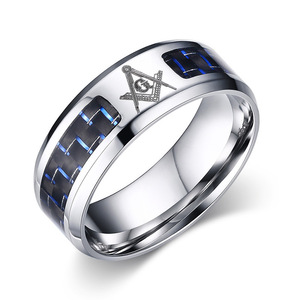 แหวนวงแหวนผู้ชายสแตนเลสคลาสสิก 8 มม. สีน้ำเงินดำคาร์บอนไฟเบอร์ |   แกะสลัก DAD Freemason Crusader Cross Lucky Tree Blank - Product Image 4