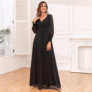 Vestidos de Luxo Trendy Tule Manga Longa V-neck Dividir A linha Forrado <span class=keywords><strong>Prom</strong></span> Dresses Brilhante Black Bridesmaid Dresses - Product Image 3
