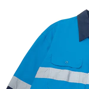 Sécurité bleu pays hommes col Logo personnalisé coton chemise de travail chemise de sécurité avec bande réfléchissante