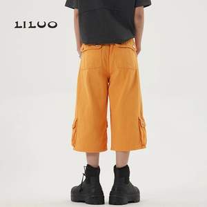 男性用バギーデニムショーツオレンジミッドウエストパンツビッグポケット付きダークウォッシュ織りジーンズショートパンツ男性用 - Product Image 5