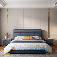 Cadre de lit en bois massif au design moderne avec tête de lit rembourrée en cuir véritable de qualité supérieure, sensation élastique Q-elastic, et table de chevet