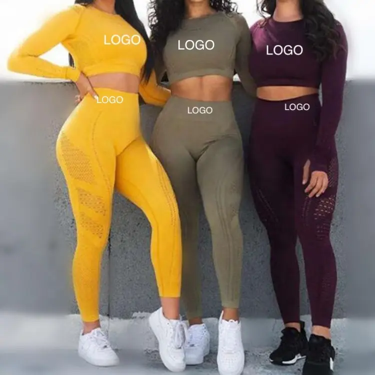 2020 맞춤 로고 인쇄 긴 소매 자르기 t 셔츠 체육관 의류 레깅스 여성 스포츠 피트니스 요가 2pcs 세트