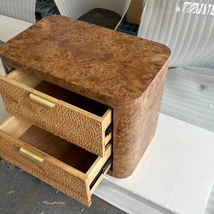 Table de chevet vintage en placage de bois de burl, faite à la main, style rustique, avec poignée en fer, pour la maison - Product Image 3