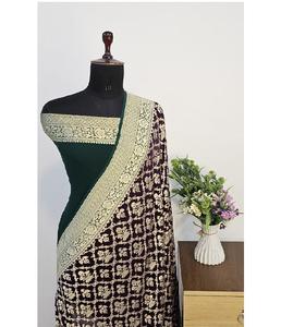 Sari Banarasi en Georgette Khaddi Pur de Créateur, Tissu Fin Tissé à la Main, Broderie Zari Délicate, Tenue Traditionnelle de Fête, Protection Solaire - Product Image 2