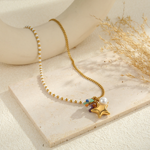 Collier en acier inoxydable avec pendentif en forme d'étoile en pierre naturelle imitation perle - une chaîne à maillons au design unique - Product Image 4