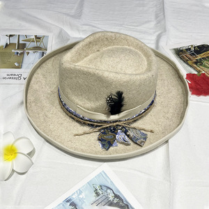 Prêt à expédier hommes femmes unisexe 100% laine feutre <span class=keywords><strong>beige</strong></span> larme haut large bord fedora chapeau feutre trilby gentleman <span class=keywords><strong>borsalino</strong></span> chapeaux - Product Image 6