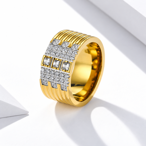 Wide Stainless <b>Steel</b> Zircon Statement <b>Ring</b> with Square Stone Grid and 14K Gold Vacuum Plating - Product Image 1
