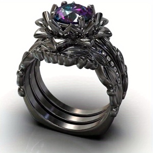 Elegante Juego <span class=keywords><strong>de</strong></span> 3 Anillos <span class=keywords><strong>de</strong></span> Loto Negro con Circonita Cúbica Arcoíris - Perfecto para Compromiso, Aniversario y Fiestas - Product Image 4
