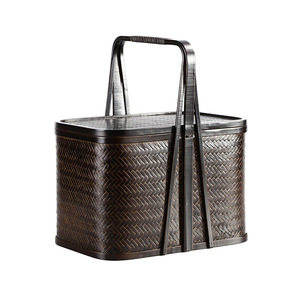 Handmade bamboo woven storage box, retro style, lidded tea set storage <b>basket</b>, household organizer <b>basket</b>, Japanese style tray, - Product Image 5