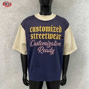 Fabricant de vêtements personnalisés – T-shirts pour <span class=keywords><strong>hommes</strong></span> DTG imprimés, coupe ample et épaisse, style déchiré avec blocs de couleur et pierres précieuses - Product Image 1