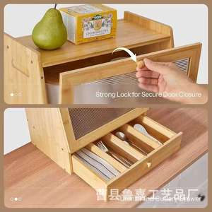 Caja de pan de madera maciza con almacenamiento de varias capas, tapa abatible y estante divisor para uso en encimera de cocina. - Product Image 3