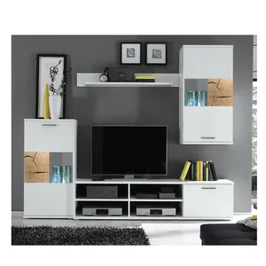 Living room furniture set glass cabinet Tv unit stand display LED lights shelf