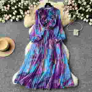 Vestido Midi con estampado al óleo para mujer, vestido elegante Vintage francés para mujer, vestidos de gasa con estampado de cintura y manga larga - Product Image 4