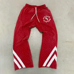 Özel Rhinestone Logo yüksek kalite eşofman altları asit yıkama renk ağır fransız pamuk yığılmış puf baskı Flare erkekler Sweatpants