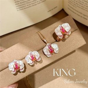 King Silver Jewelry White Mother Of Pearl Orchid Flower Necklace Earrings Ring Set Gold Plated Everyday Wear - Product Image 2