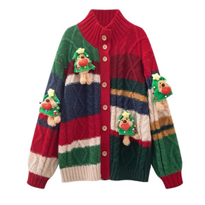 Women's Christmas Bear Knitted <b>Cardigan</b> Color Block Sweater Loose Fit Single Breasted Anti Pilling Top Autumn Winter Wear - Product Image 5