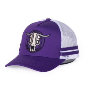 Haute qualité 5 panneau broderie tête de <span class=keywords><strong>vache</strong></span> maille coton Sport violet camionneur chapeaux 2 rayures casquette de camionneur - Product Image 1