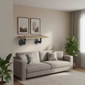 Étagère murale en chêne rectangulaire à un seul niveau, style industriel, support en fonte, rangement pour salon - Product Image 2