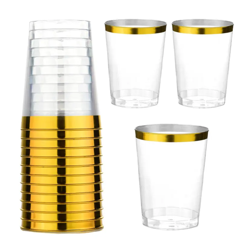 Golden Plastic Rim Cup 10oz Hart Einweg Wein Party Hochzeit Transparent Gold Tasse