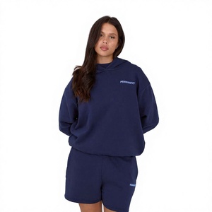 Ensemble 2 pièces tricoté respirant pour femme avec LOGO personnalisé, style streetwear décontracté d'été, pantalon court en coton couleur unie longueur genou et sweat à capuche - Product Image 1