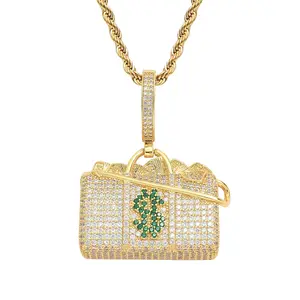 2023 Brass Inlaid Zircon Necklace Hip Hop Jewelry Personalized Dollar Money Handbag Necklace For Men