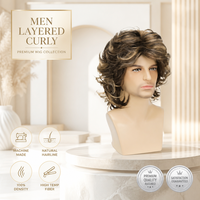Perruque bouclée mi-longue brun clair pour homme, en fibres synthétiques haute température, densité 100, fabriquée à la machine, vente en gros par Senmu Beauty