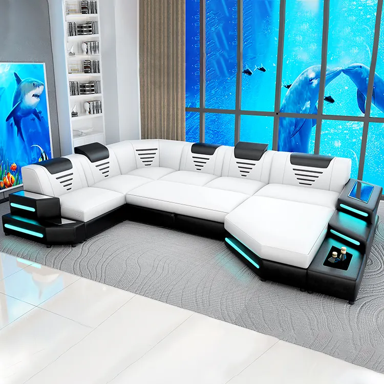 Living room furniture leather sofa set U shape Sectional Leather corner sofa Bed with LED light