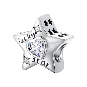 Abalorio de Plata S925 Oxidada con Estrella de la Suerte y Corazón Grabado con Circonitas, Joyería Fina Vintage para Pulsera de Mujer - Product Image 1