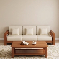 Canapé en bois massif de style nordique personnalisé en forme de L avec coussins en tissu beige, ensemble de canapés sectionnels modernes pour salon
