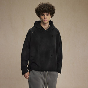 American Style High Street Loose Old Retro Rip <strong>Rap</strong> Edge Solid Terry Hooded Sweatshirt Jacket <strong>Boys</strong> Autumn 100% Cotton Distressed - Product Image 4