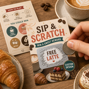 Custom Coffee Cafe Scratch Off Cards Full Color Digital Printing Bakery Sweet Reward Coupon Voucher with Serial Number - Product Image 1