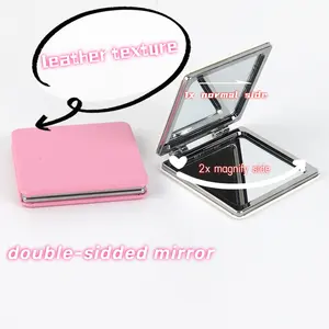 Customized Logo Rectangle Square Round Heart Double Side Metal Pocket Mirror PU Leather Make Up Mirror