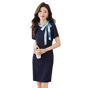 Professional Sheath Dress Dark Blue Tie Neck Solid Color Polyester Career Wear for Receptionists Customer Service Staff - Product Image 5