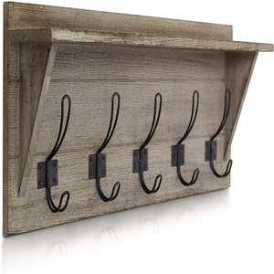 Wooden <b>Wall</b> <b>Mounted</b> <b>Shelf</b> With Hooks Solid Wood Coat Rack Key Organizer Storage Rack For Entryway Bedroom Bathroom - Product Image 1