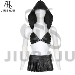 Bộ đồ thời trang đường phố mới, nhiều mẫu phối hợp áo hoodie ngắn + quần short, áo khoác da PU phối chân váy đen gợi cảm, áo hoodie đính đinh tán, bộ áo ngực 2024 - Product Image 3