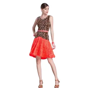 LP-1806 vestido de práctica de baile latino con borlas de tela elástica con estampado de leopardo, falda estándar nacional para práctica de corrida de toros para adultos y mujeres - Product Image 1