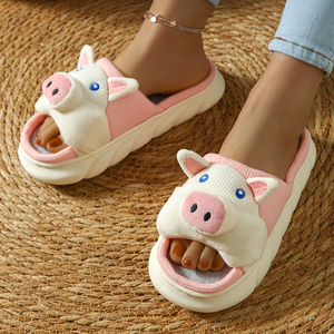 Pantoufles en lin pour femmes à imprimé animalier avec motif cochon mignon, logo personnalisé, antidérapantes, douces et confortables pour l'hiver et l'été - Product Image 5