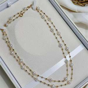 Collar de Perlas de Agua Dulce de Doble Capa con Bola Láser de Oro de 14K de Zhuji, 88 cm, Collar de Moda para Suéter - Product Image 1