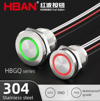 Interrupteur piézoélectrique en acier inoxydable HBAN 16/19/22 mm, étanche IP68, anneau lumineux, 1NO, utilisation sous l'eau
