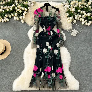LE2280 Royal Sister Senior Lace Midi Dress Luxury Flowers Embroidery Flower Slim Medium Length Gauze Dress Female