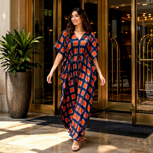 Robe longue bohème pour femme à imprimé géométrique 100 % coton tissé, col en V, taille à cordon, coupe ample, séchage rapide, respirante, idéale pour la plage - Product Image 1