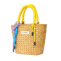 Sac cabas en paille tressé fait main, style panier, avec anse, vintage européen et américain, avec cordon décoratif de couleur assortie